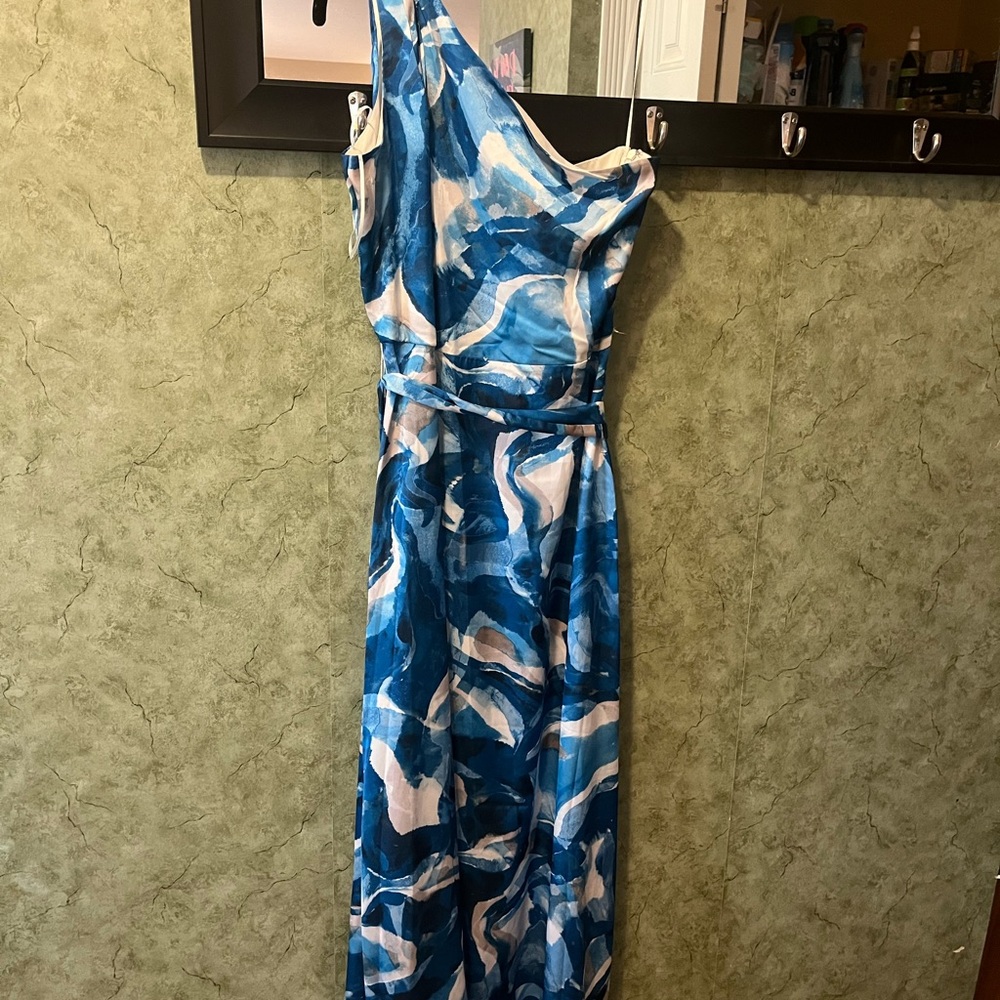 Nicole Miller Blue Abstract One Shoulder Gown – Size M